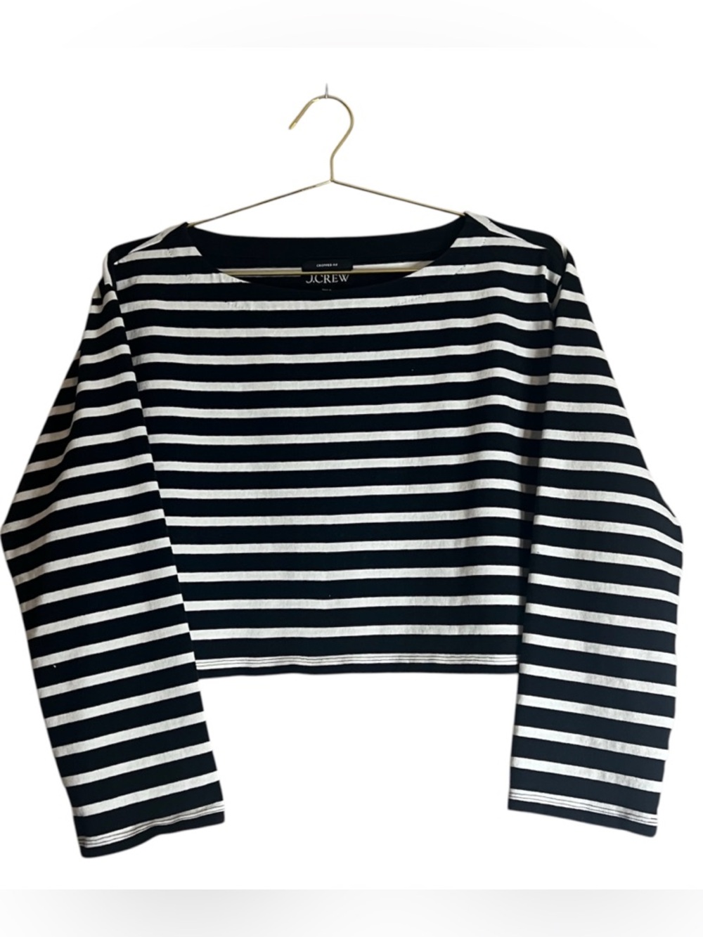 J. Crew Black and White Striped Boatneck Cropped Top Sz M